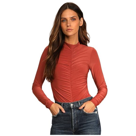 Lulus Women Ruche Around Rust Orange Ruched Mock Neck Bodysuit Size XS - Picture 1 of 4